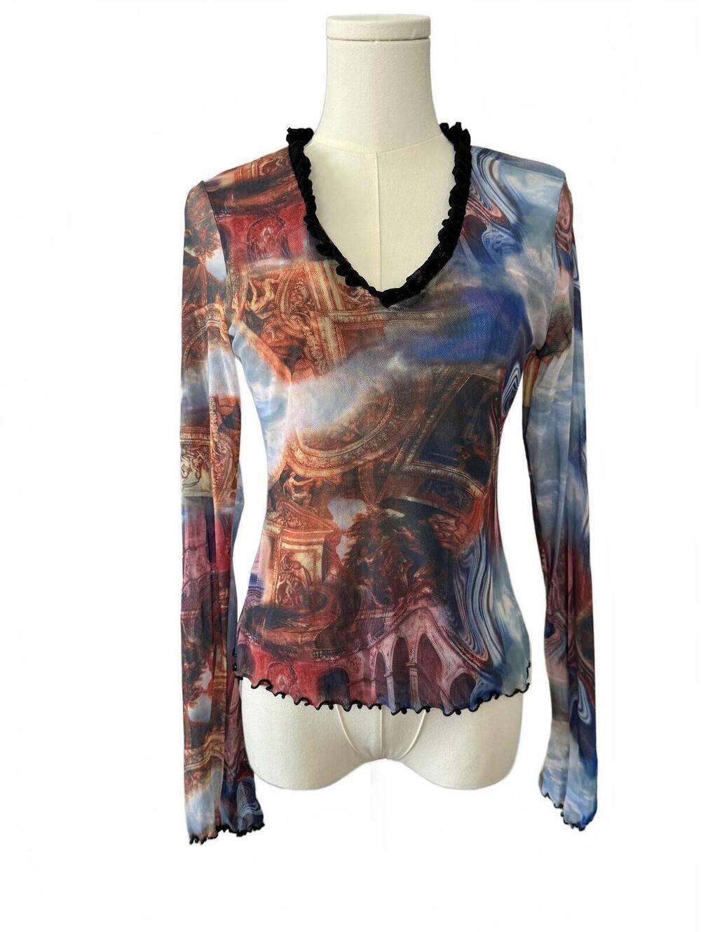 Petit Pois by Viviana G Y2K XL Sheer Mesh Long Sleeve Top Abstract Print